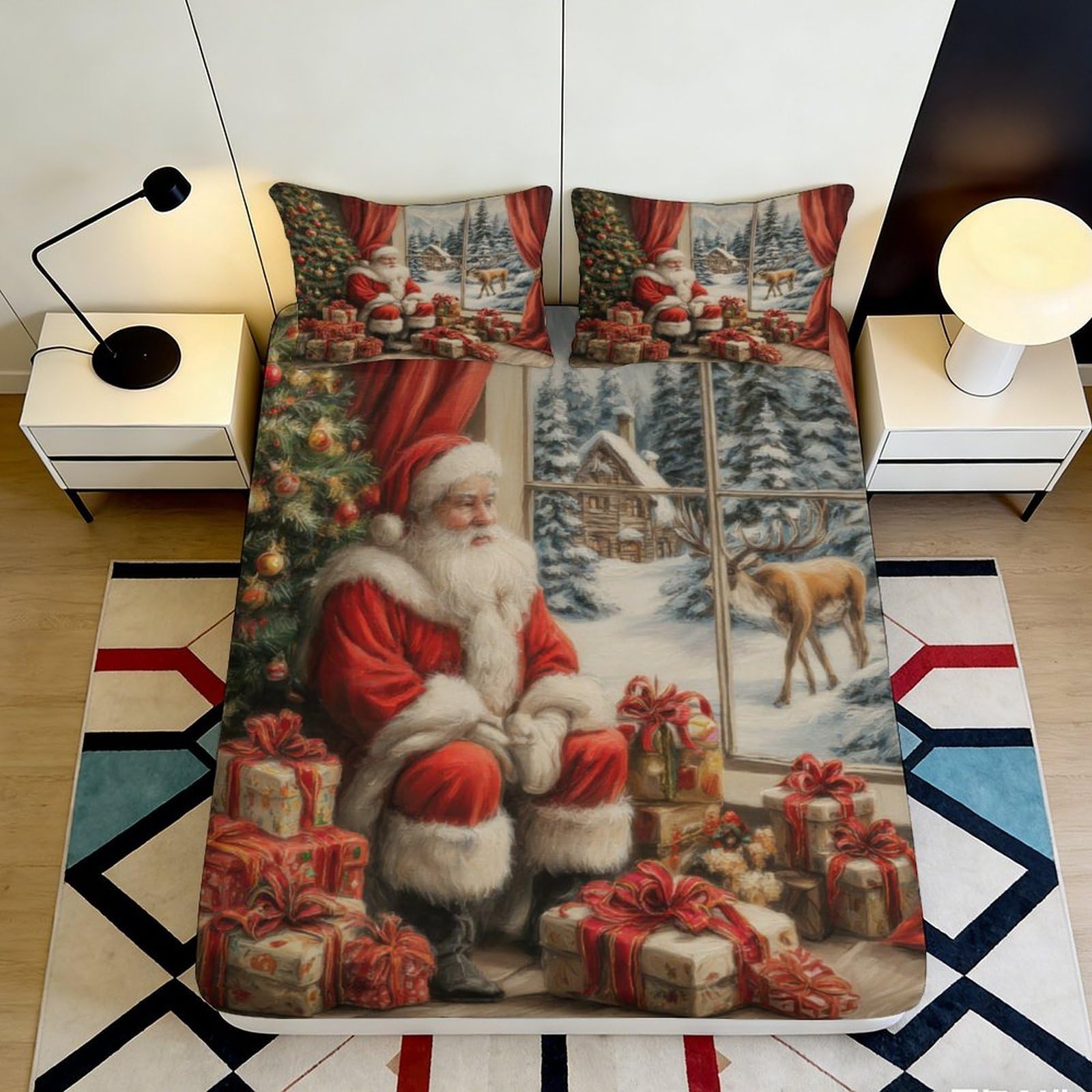 Jqzkxnhpbr Style-1 3D Printed Christmas Santa Fitted Sheet Microfiber Soft Festive Reindeer Mattress Cover For Bedroom Guest Room Decor 90X200x25cm