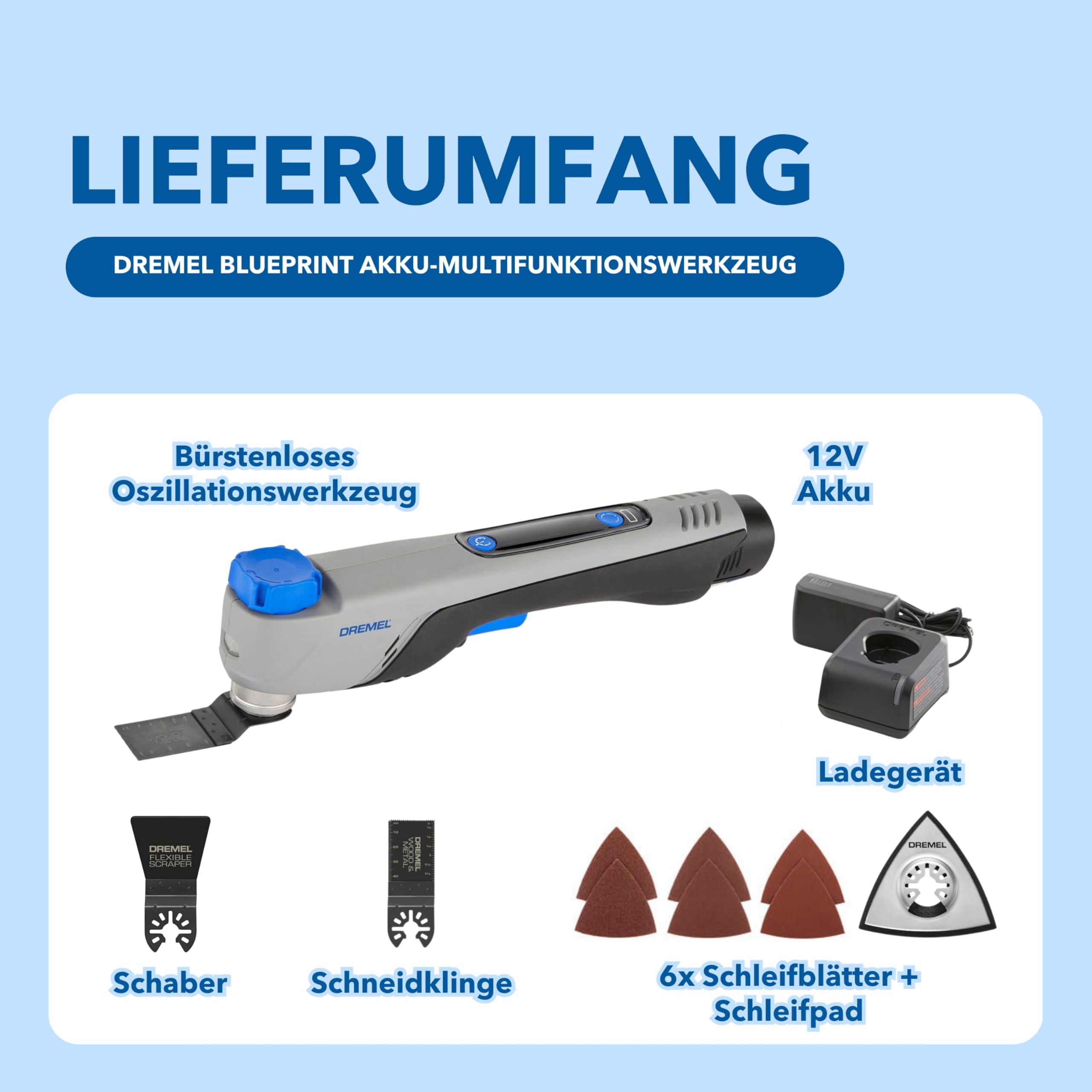 Dremel Blueprint 12V Bürstenloses Oszillierendes Multifunktionswerkzeug mit Anwendungsauswahl und variabler Geschwindigkeit (mit Schneid-und Schabklinge, 6 Schleifpapieren, Schleifpad, Ladegerät+Akku)