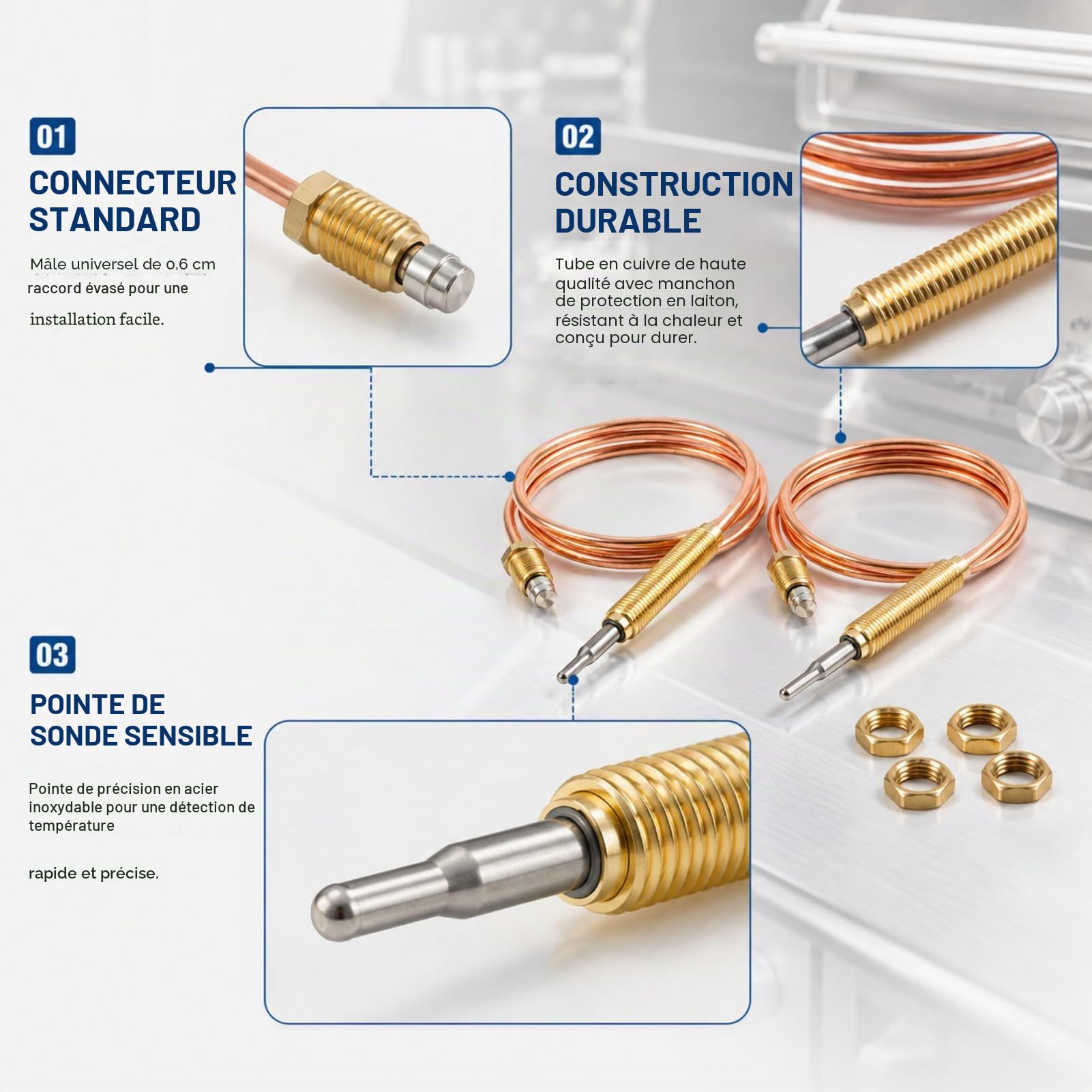 Thermocouple à Gaz Universel M8, Sonde de Chauffage pour Brûleur à Gaz, 600mm, Pièces de Rechange pour Chauffage Extérieur, Écrous de Connexion, Accessoires pour Cheminée et Barbecue (2 pièces)