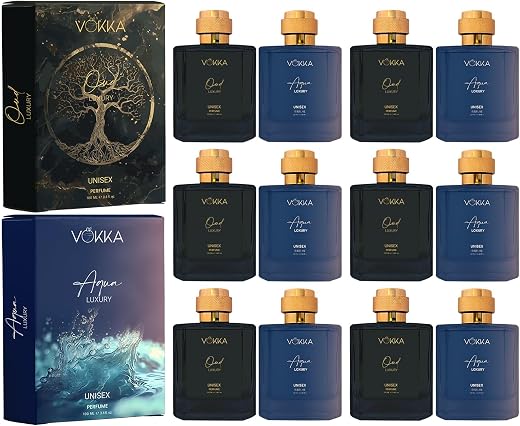 VOKKA Oud (6x100ml) & Aqua (6x100ml) Pack of 12x100ml Unisex Luxury Long Lasting Woody Perfume Gift Set For Men & Women |A...