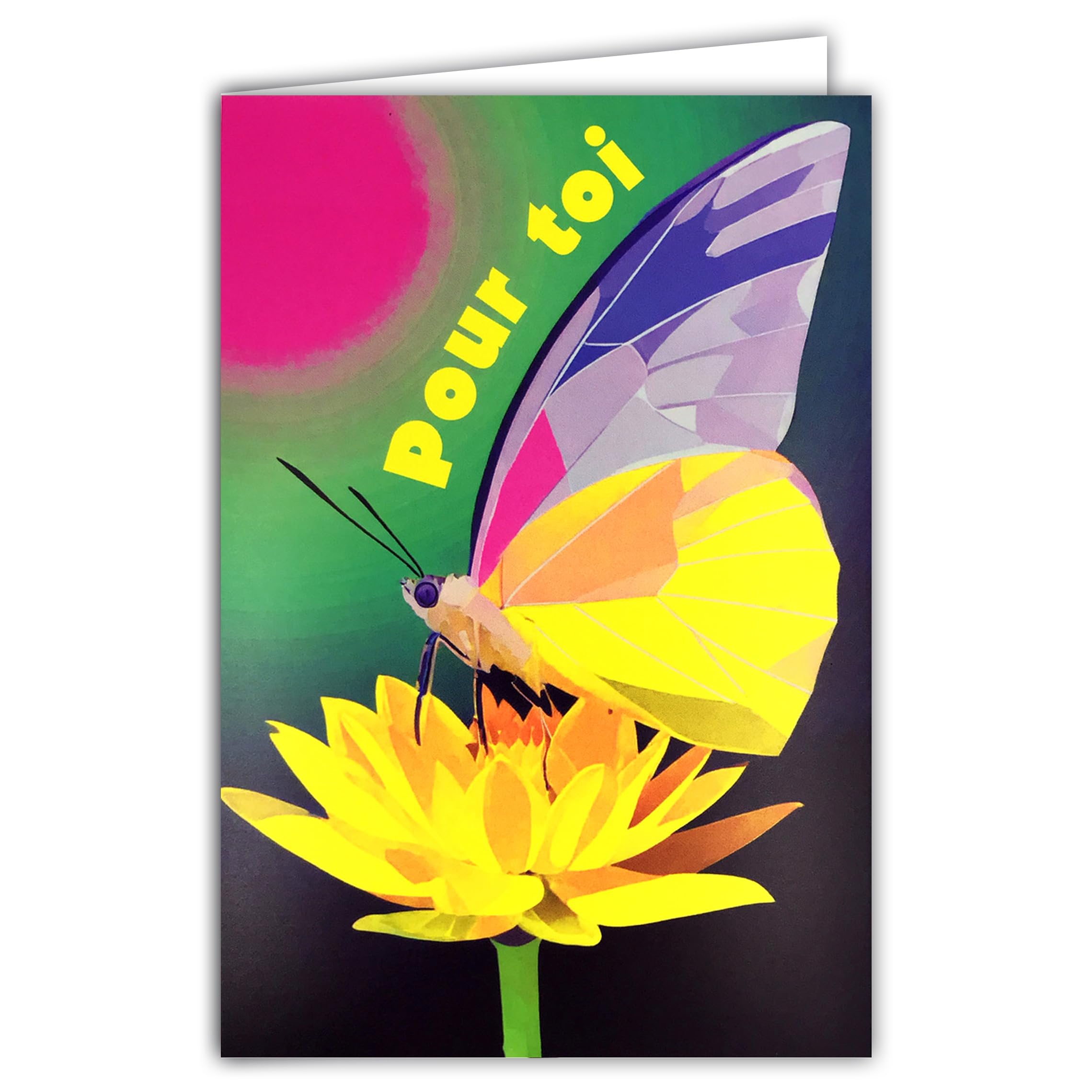 69-8147 Fluorescent Card Butterfly on a Flower Yellow Orange Warm Thinking Affectionate – With Envelope 12 x 17.5 cm – White Interior for Writing – Fluorescent Inks – Created and Made in France