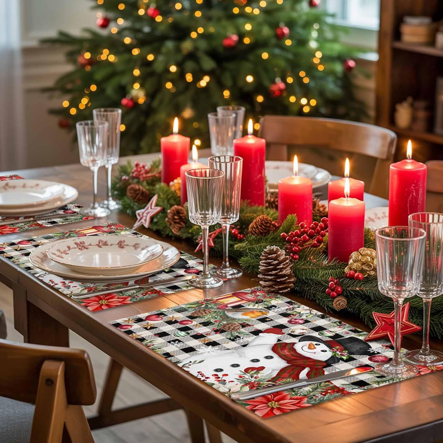 Christmas Placemats for Dining Table Snowman Red Flower Bird Buffalo Plaid Table Mats Washable Modern Outdoor Indoor Placemats for Home Party Wedding Holiday Decor, Set of 8