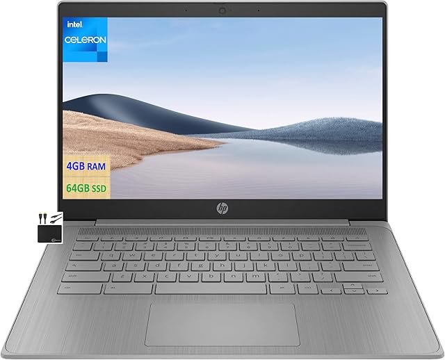HP 2023 est Chromebook Laptop Student Business,14'' HD Display,Quad-Core Intel Celeron N4120 Processor,4GB RAM,64GB eMMC,720p Webcam,WiFi,Bluetooth,14+ Hrs Battery,Chrome OS+MarxsolCables Modern Gray