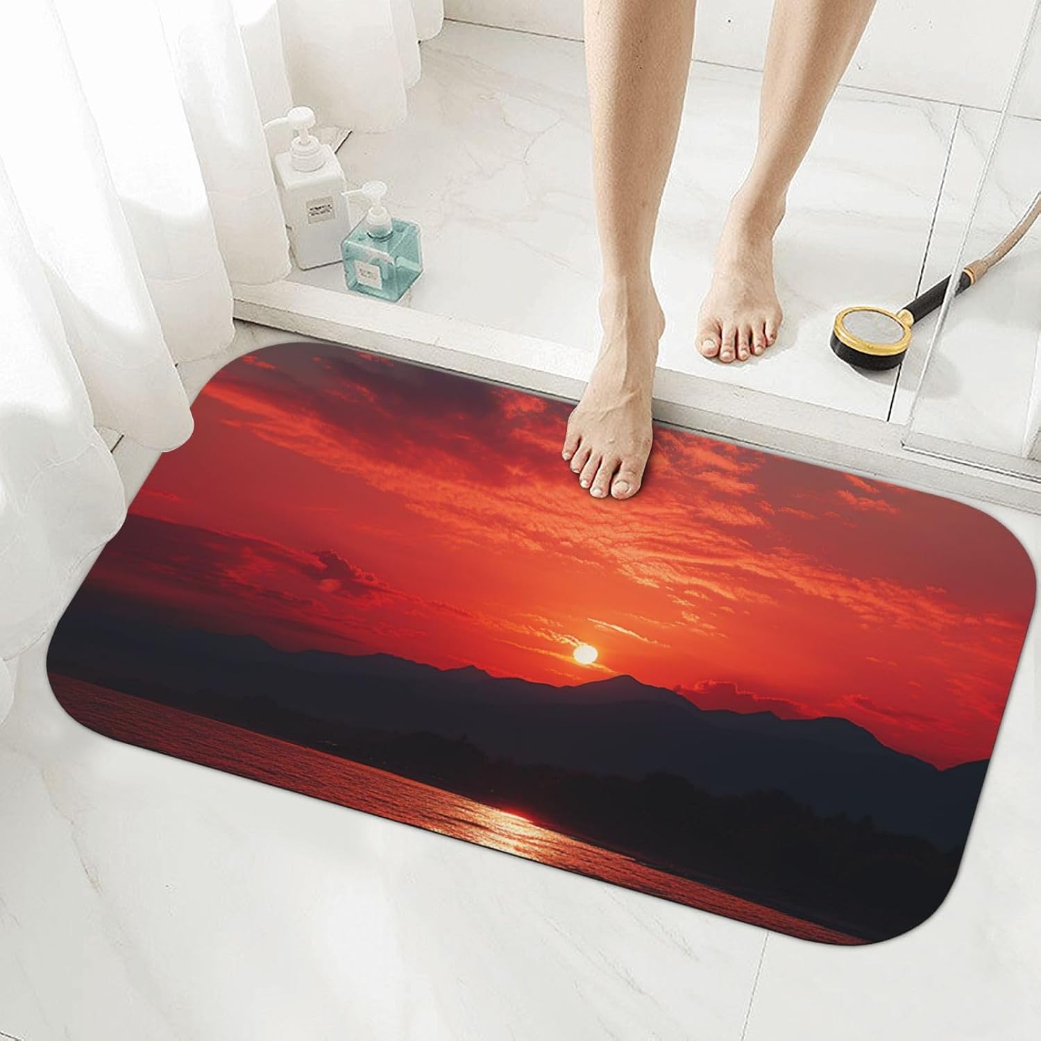 Stone Bath Mats Fiery red Sunset Diatomaceous Earth Bath Mat Super Absorbent Bathroom Floor Mat Quick Drying Diatomite Shower Mat for Shower Bathtub Bathroom Accessory 19.7x31.5in