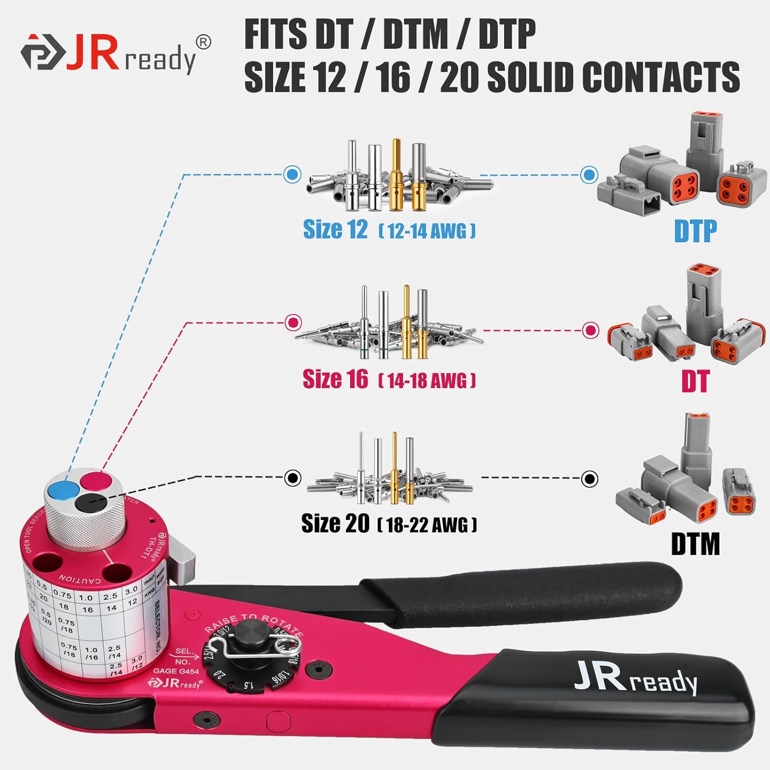 JRready ACT-DT1 Deutsch Crimp Tool Turret-Style (HDT-48-00 Equivalent) for DT/DTM/DTP Connectors Size 12/16/20 Solid Contacts (12-22AWG), 4-Indent 8-Impression Ratcheting Crimper