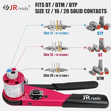 JRready ACT-DT1 Deutsch Crimp Tool Turret-Style (HDT-48-00 Equivalent) for DT/DTM/DTP Connectors Size 12/16/20 Solid Contacts (12-22AWG), 4-Indent 8-Impression Ratcheting Crimper