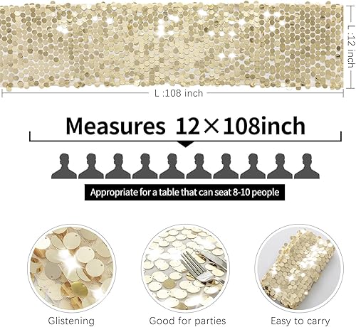 Miniatura 5 de Pufogu Camino de mesa de lentejuelas de 12 x 108 pulgadas, camino de mesa rectangular de lentejuelas grandes con purpurina champán para Halloween,