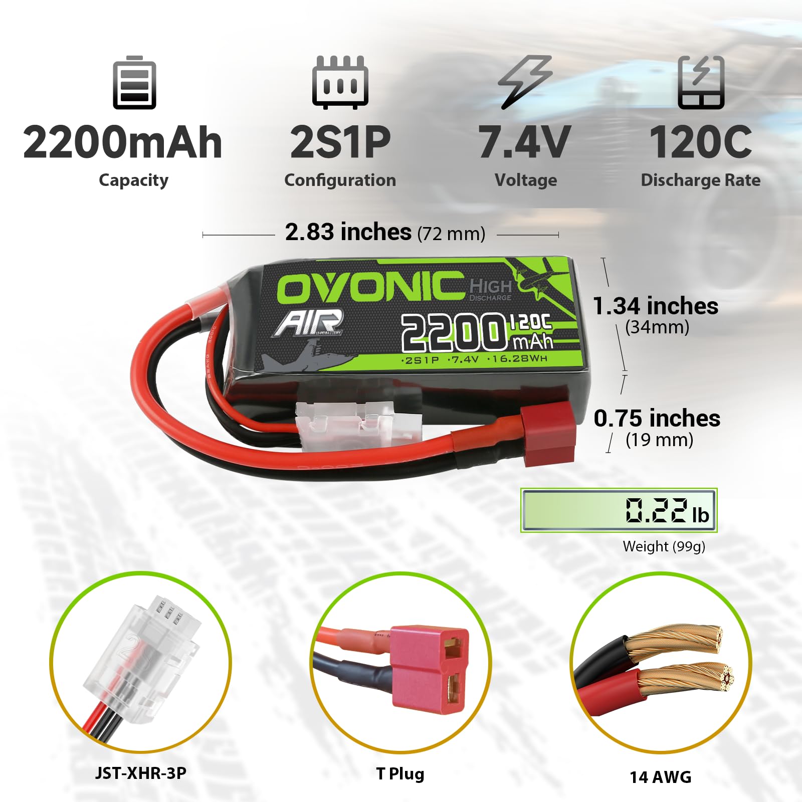 OVONIC Batería Lipo 7.4V 2200mAh 120C Con Conector Deans – Paquete De 2 Para Coches RC Y Aviones, Compatible Con Modelos 1:14 Y Helicópteros