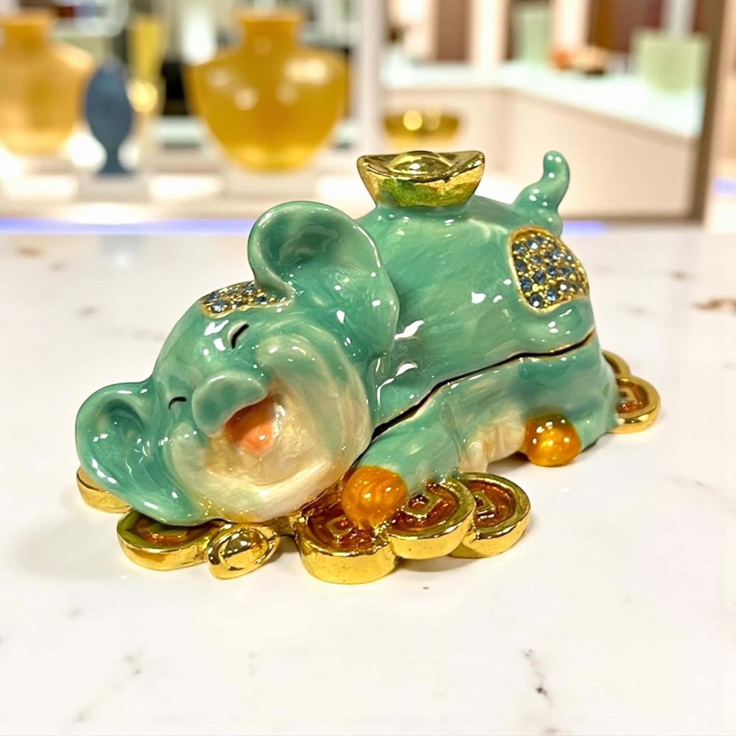 Hand Crafted 14k Gold Plated Pewter Lucky Zodiac Pig Birthday Trinket Box, Enamel with Austrian Crystal Accents, Hinged Design Keepsake Mondy Buddha Lucky Charm Small Jewelry image 2