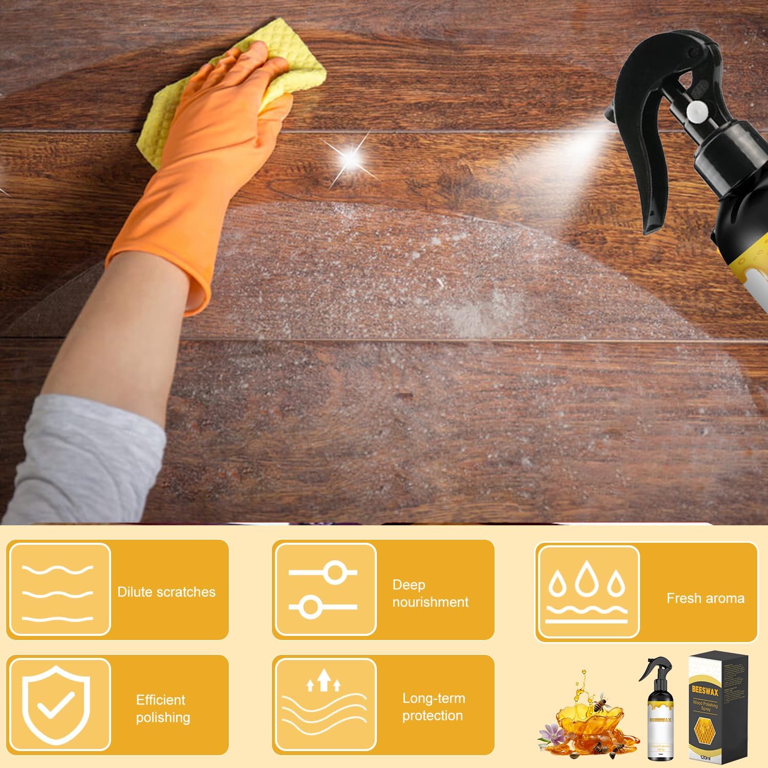 2PCS Beeswax Wood Polish Spray, 2026 New Bees Wax Furniture Polish and Cleaner, Multi-Purpose Beeswax Floor Spray, Restores Shine Removes Scratches, For Kitchen, Furnishings and Wooden Floors image 3