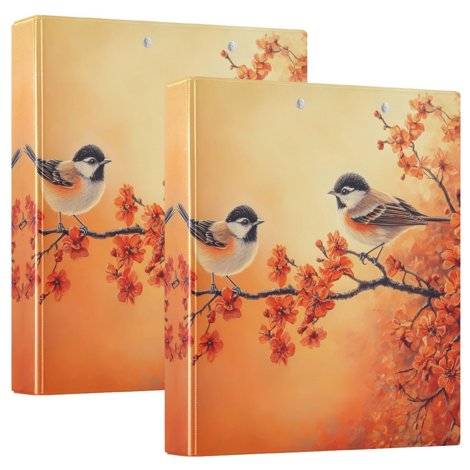 Confezione da 2 raccoglitori a 3 anelli, motivo uccelli sui rami e fiori, 3,8 cm, con 3 tasche trasparenti, portablocco e contiene 200 fogli, per ufficio, scuola, organizzazione della casa
