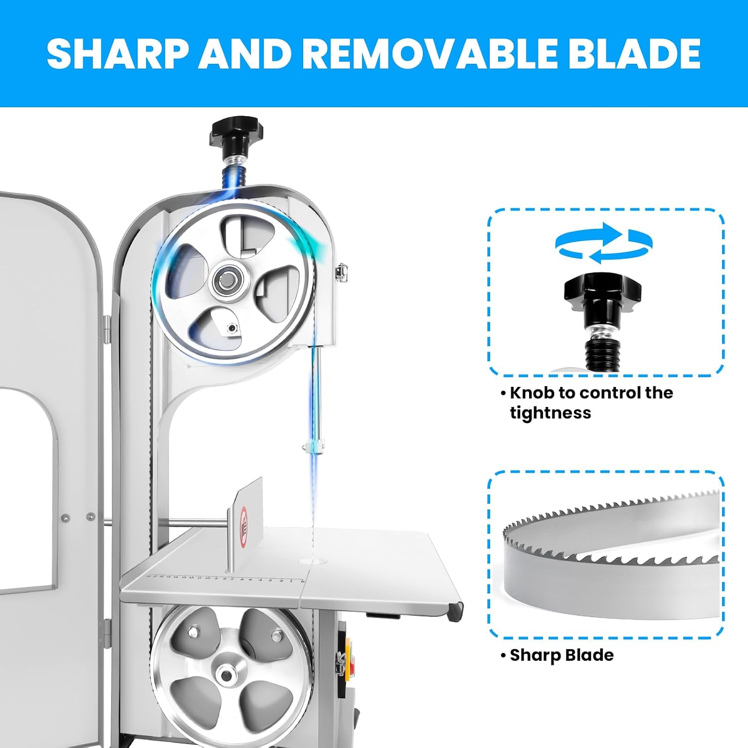 1500W Electric Bone Saw Machine, Meat Bandsaw for Butchering, Thickness Range 0.8-7.1 Inch, 20x15 Inch Table Sawing for Cutting Chops, Fresh Bone Meat, Frozen Meat, Equipped with 6 Saw Blades