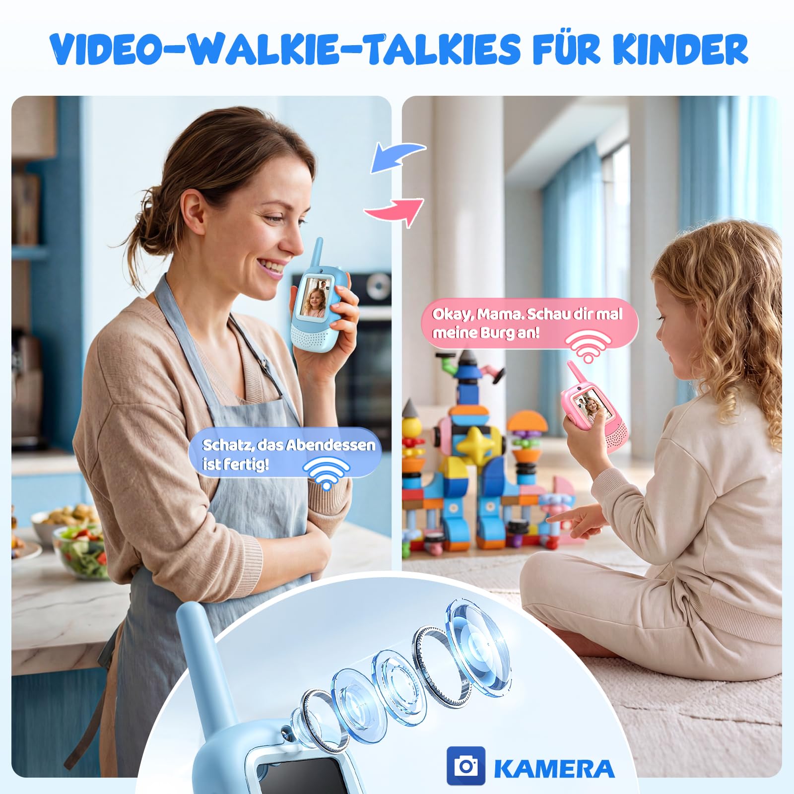 Video Walkie Talkie Kinder, Wiederaufladbares Funkgerät Spielzeug mit Kamera & Stimmenverzerrer, Outdoor Spielzeug Geschenke für Junge und Mädchen 3 4 5 6 7 8-12 Jahre (Blau & Pink)