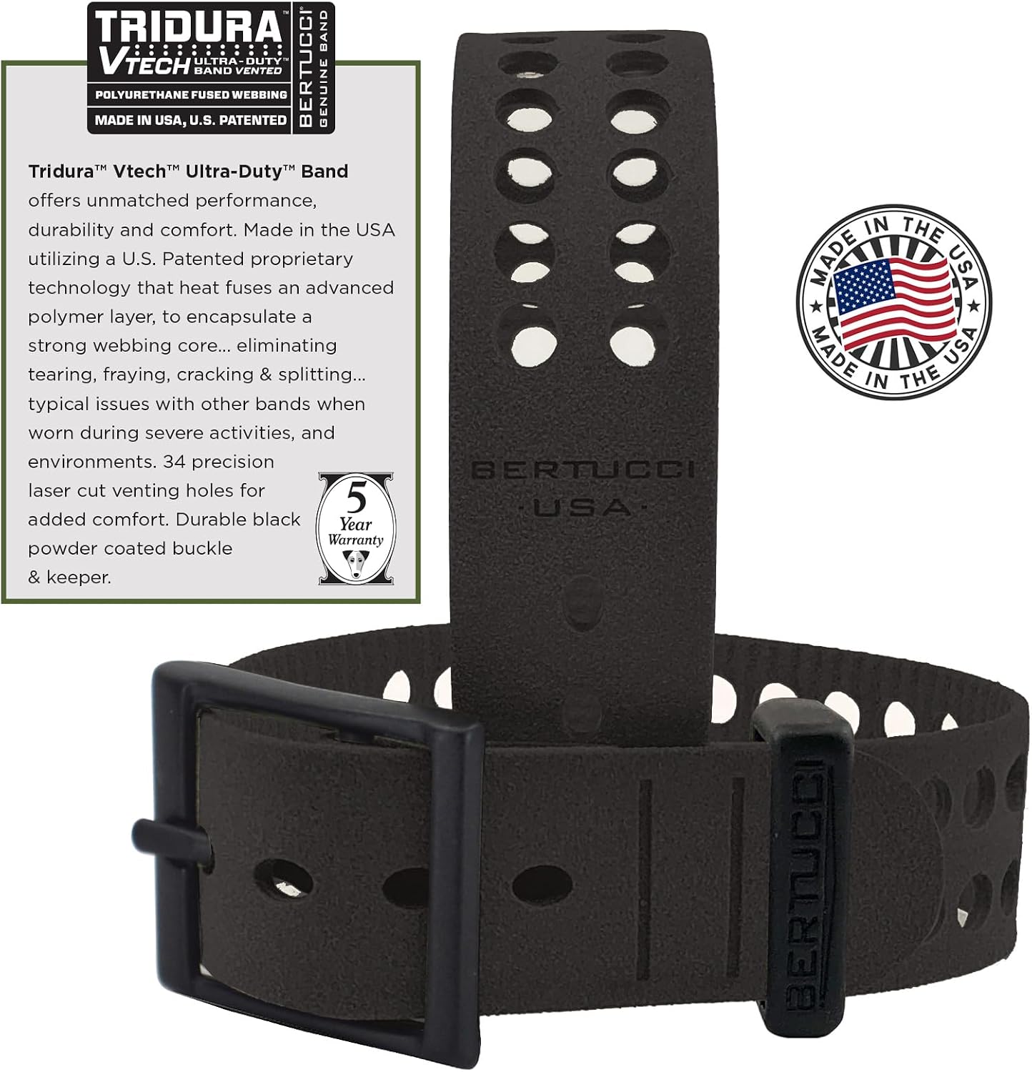BERTUCCI® Tridura™ Ultra-Duty™ Durable Watch Band, 22 mm - Black Vented