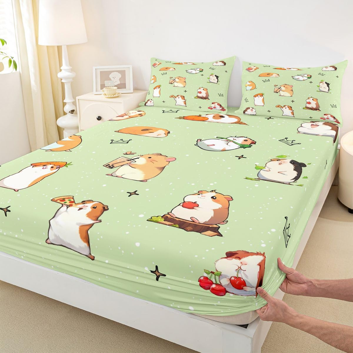 Homewish Świnka morska zestaw pościeli król kawaii mysz dopasowane prześcieradło mleko herbata owoce prześcieradła, gryzonie zwierzę narzuta na łóżko 3 szt