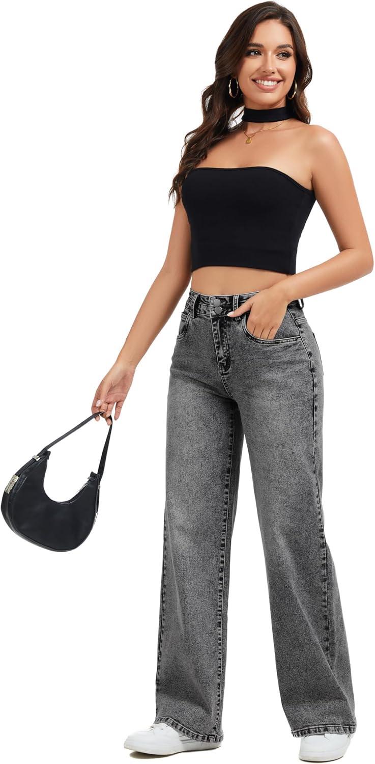 Women's Wide Leg Jeans Baggy High Waist Boyfriends Strechy Raw Hem Denim Pants - Image 2