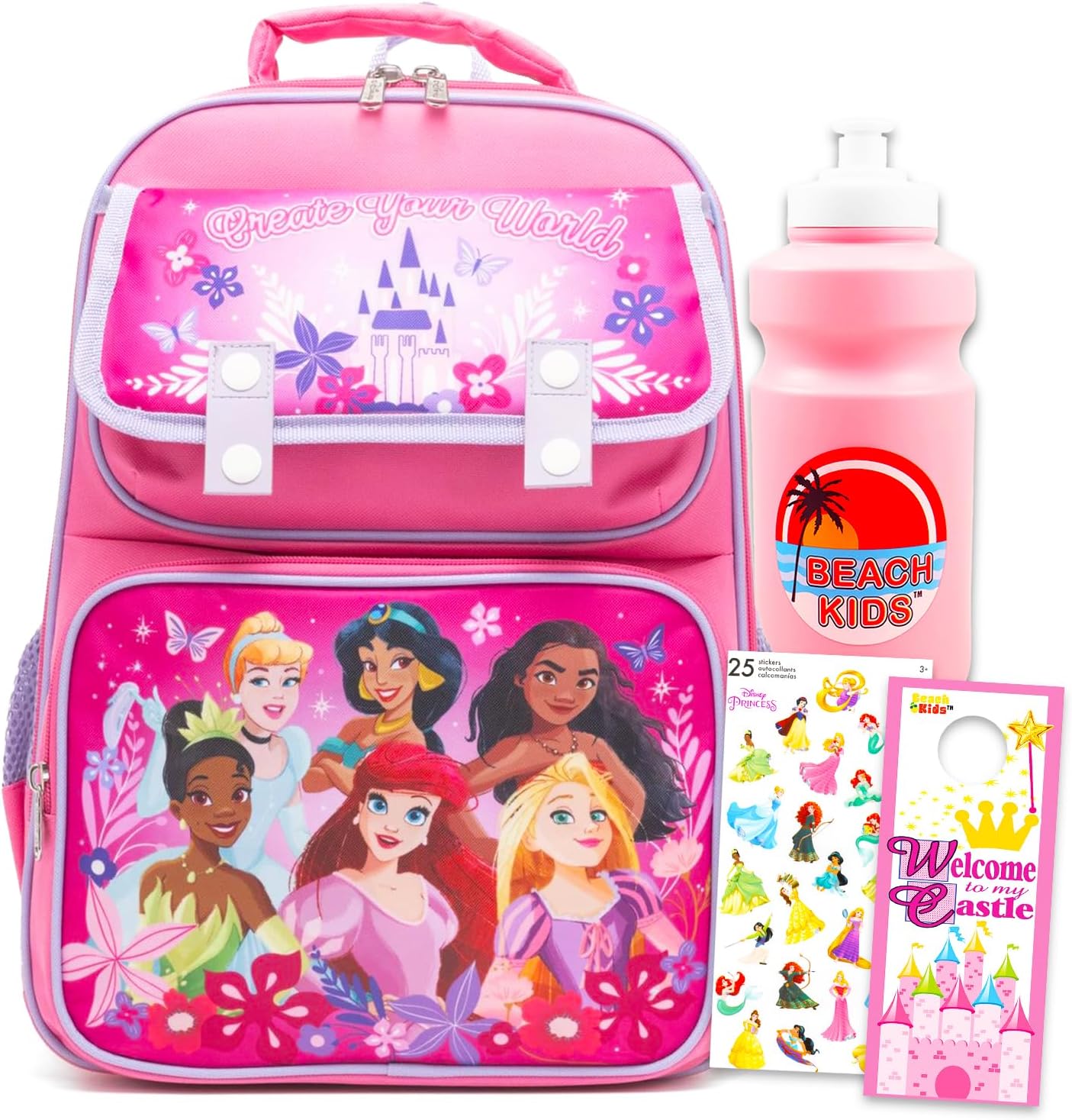 Disney Princess Backpack for Girls - Bundle with 15” Backpack Featuring Ariel, Rapunzel, Moana, More Plus Water Bottle, Stickers | Disney Princess School Bag for Girls, Kids