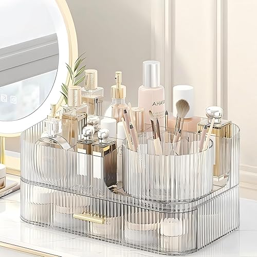 Miniatura 2 de DASITON Organizador de maquillaje con cajones y soporte giratorio para brochas de maquillaje, organizador de cosméticos apilable de gran capacidad,
