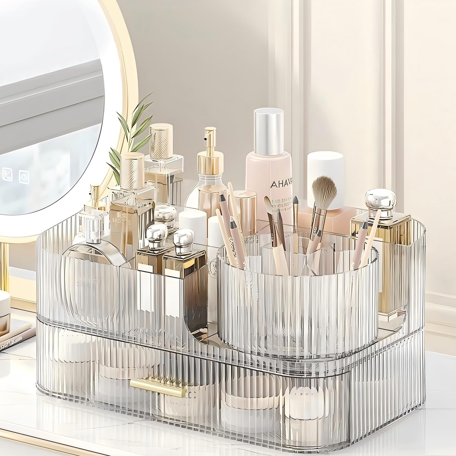 DASITON Organizer Trucchi con Cassetti, Porta Pennelli Make Up Girevole a 360°, Grande Capacità Make up Organizer per Cosmetici Impilabile, Porta Trucchi Organizer da Bagno e Toeletta (Trasparente 02)