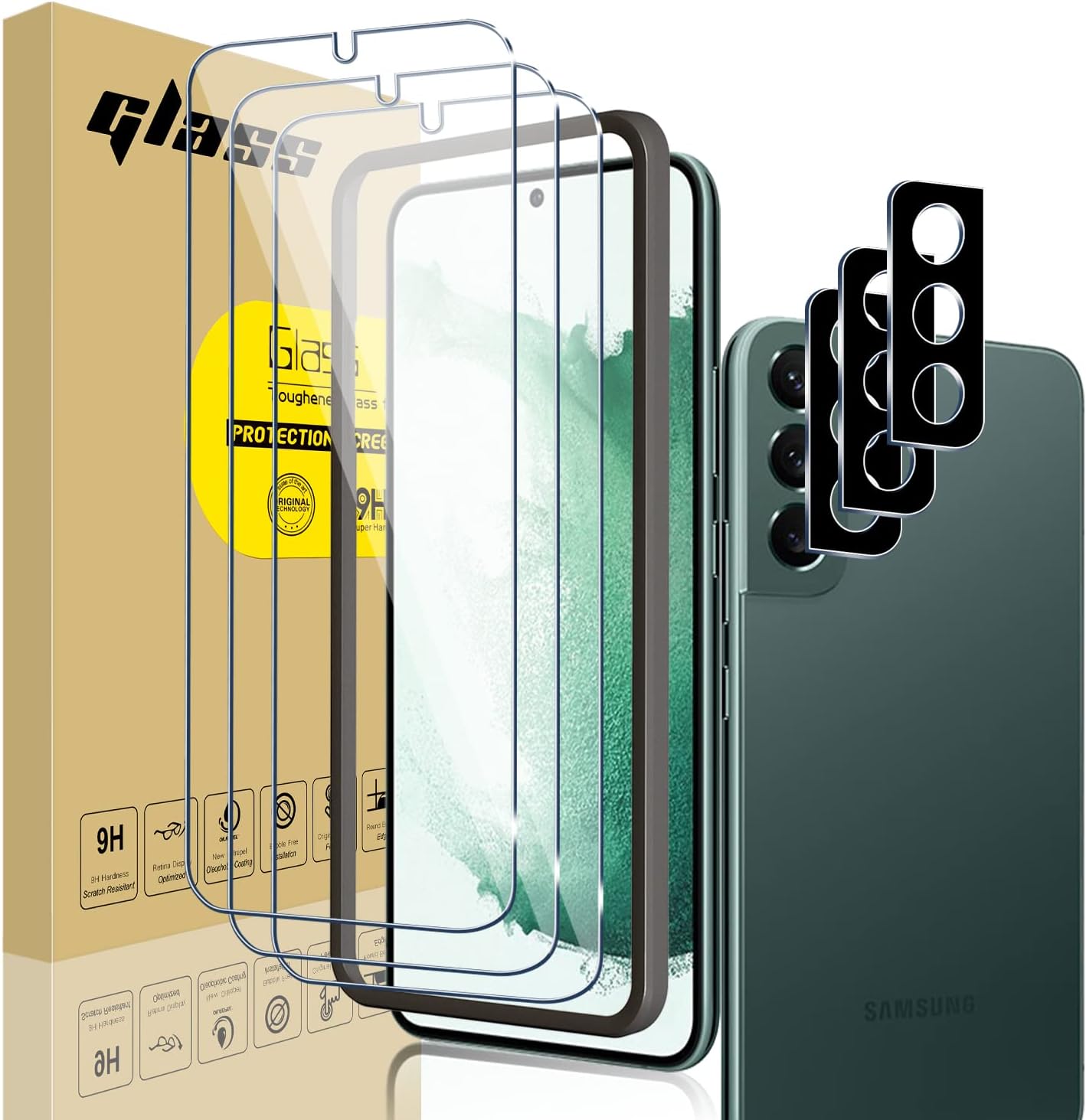 【3+3 Pack】Compatible with 3 Pack Samsung Galaxy S22 plus 5G Screen Protector Tempered Glass + 3 Pack Camera Lens Protector, Easy Installation Tray, Case Friendly, HD Clear
