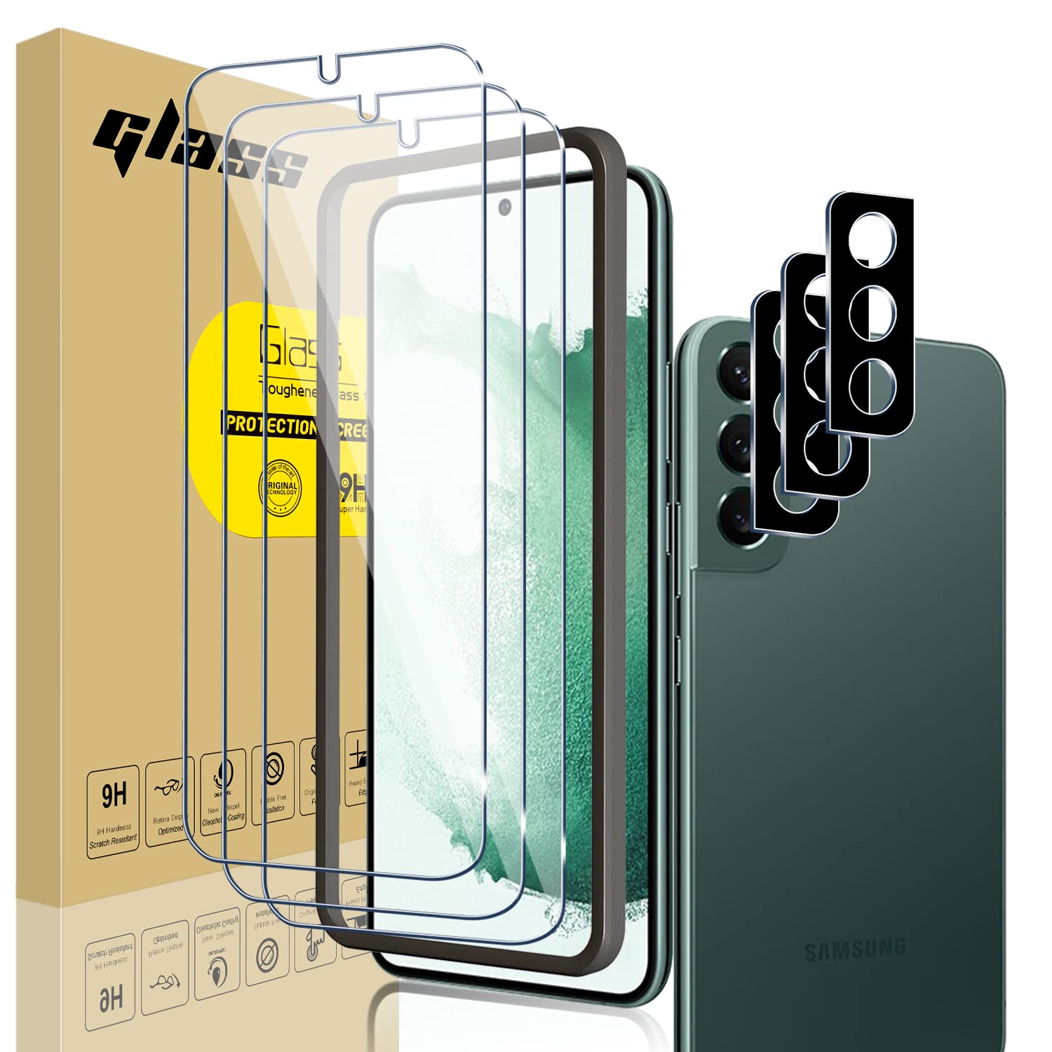 【3+3 Pack】Compatible with 3 Pack Samsung Galaxy S22 plus 5G Screen Protector Tempered Glass + 3 Pack Camera Lens Protector, Easy Installation Tray, Case Friendly, HD Clear