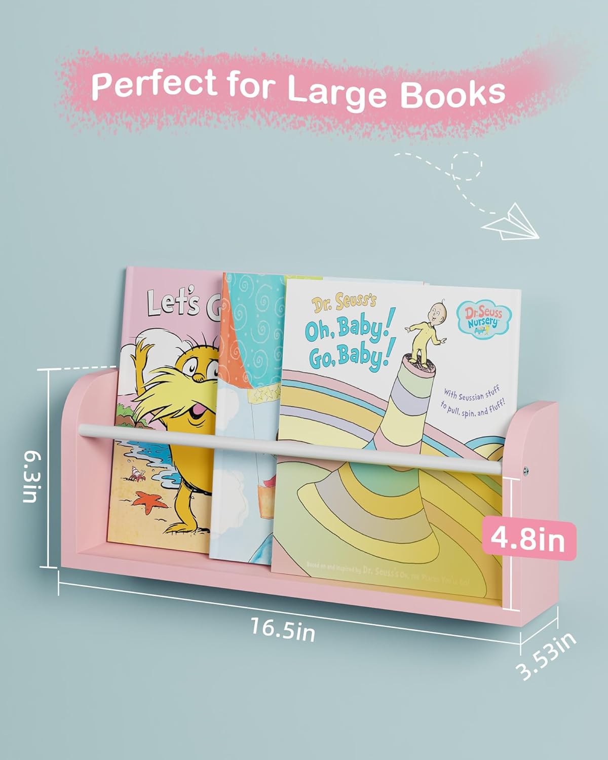 Tall Nursery Floating Shelves for Wall, 2-Pack Pink Book Shelf for Kids Rooms, Nursery Furniture Ideal for Kids & Toddler, Child-Safe Edges & Space-Saving Wall Mount