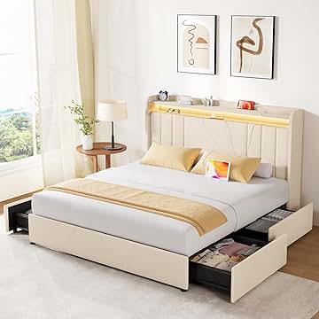 Queen Size Upholstered Bed Frame with 2-tier Storage Headboard and 4 Dustproof Drawers, 51'' Tall LED Platform Bed Frame with Adjustable Headboard, USB/Type-C Charging and Side Storage, Beige
