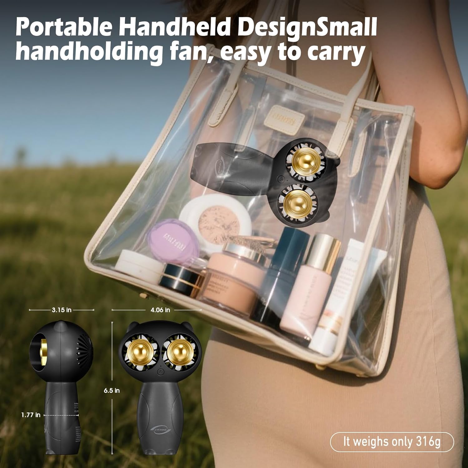 Portable Aroma Handheld Fan - Rechargeable 6000mAh Battery USB-C Owl Shaped with Clip Mini Personal Turbo Travel Essentials (Black)