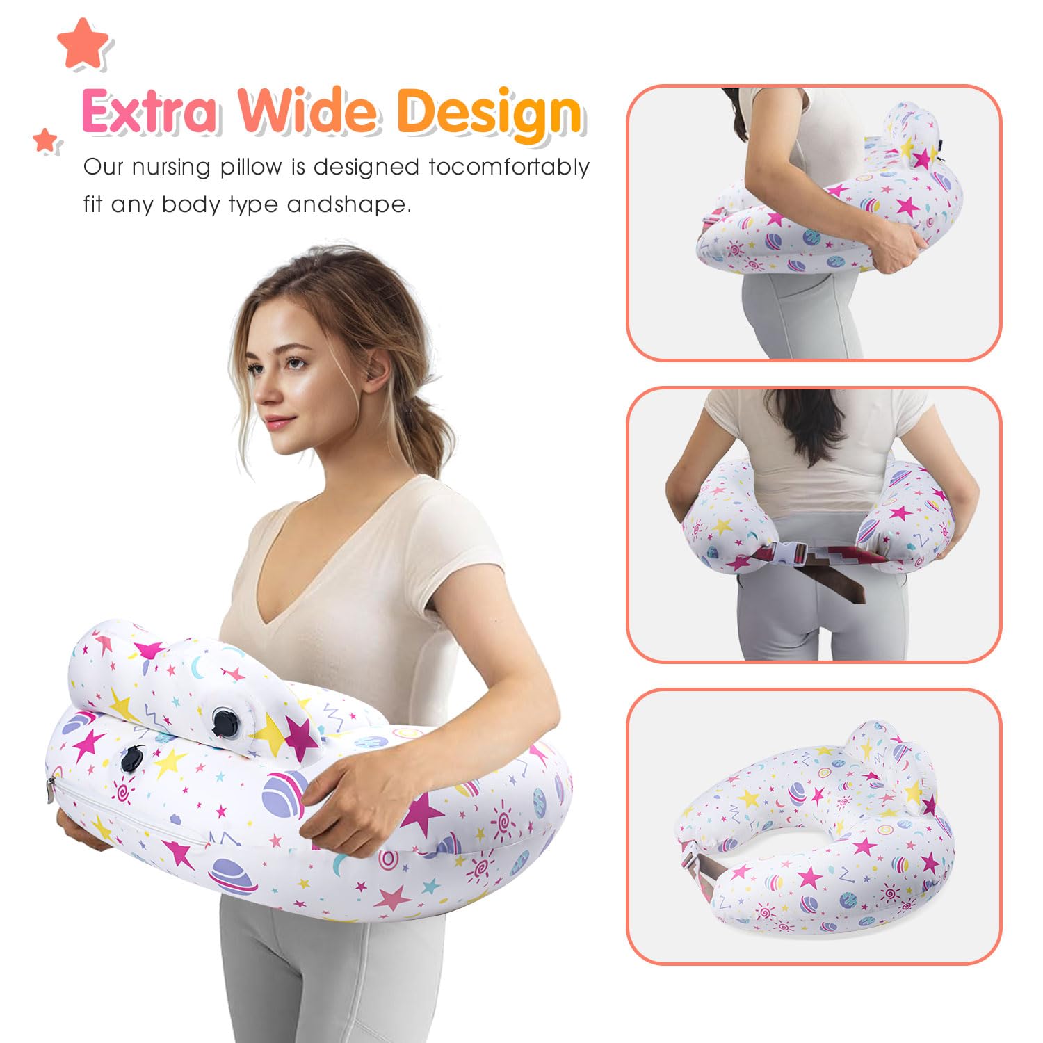 Almohada inflable de lactancia para lactancia materna – Cojín de viaje para la alimentación del bebé para apoyo de mamá, correa de cintura ajustable, funda extraíble 100% algodón – esencial portátil