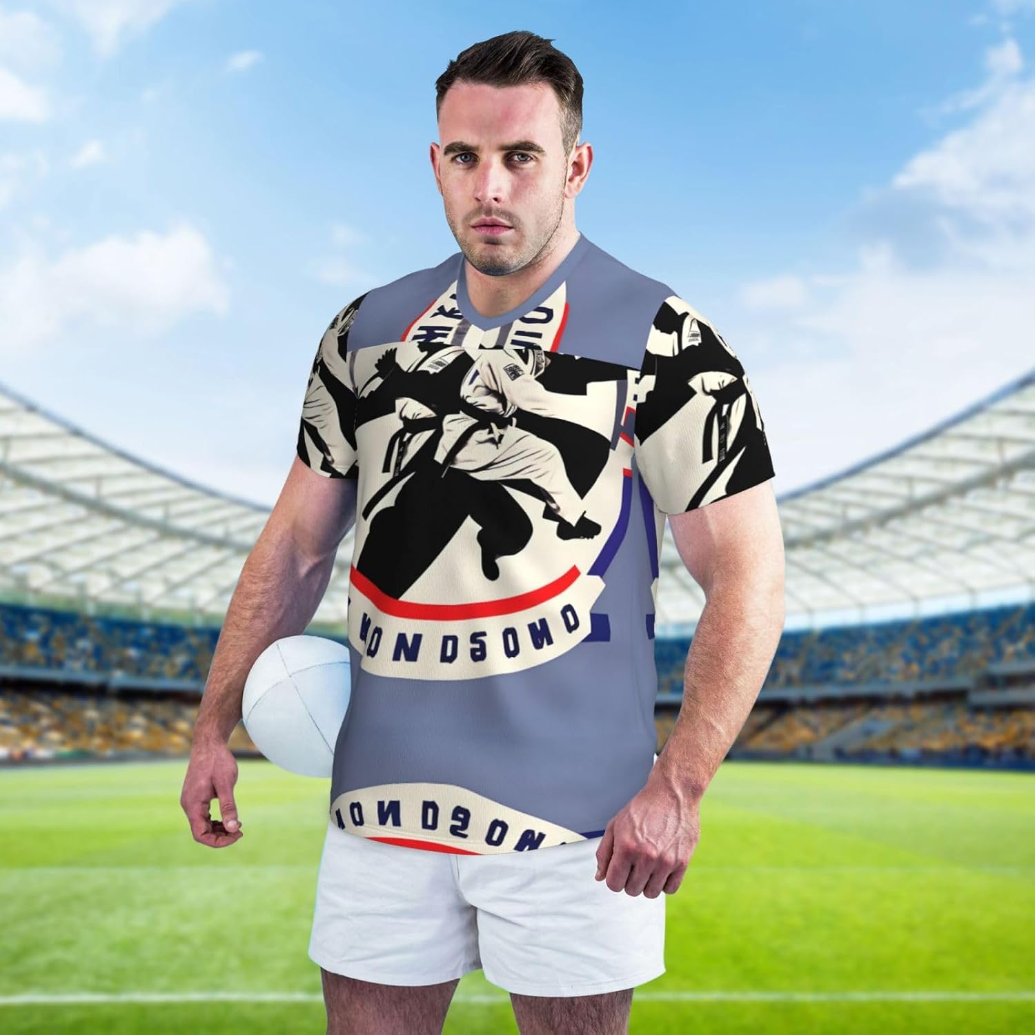 Taekwondo Design Rugby Football Jersey for Men, Comfortable V-Neck Loose Fit Top for Team Sports Athletics