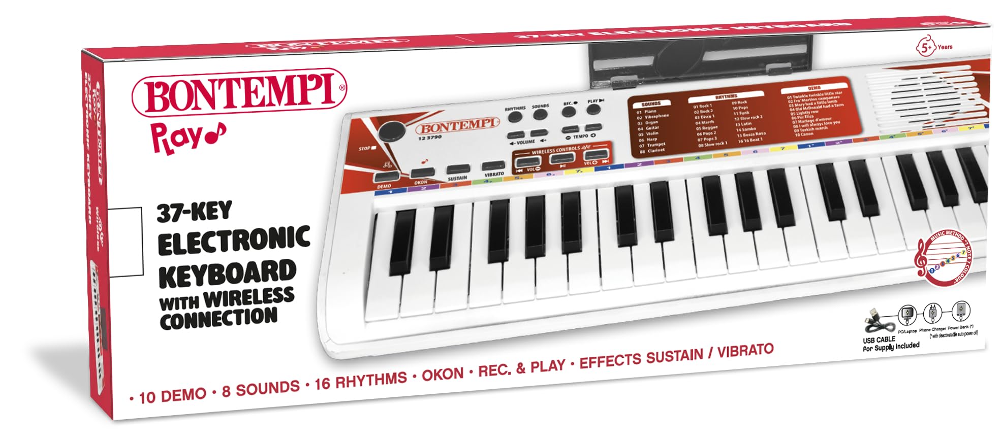 BONTEMPI - Elektronisches Keyboard 37 Tasten Kabellos mit 10 Vorab Aufgenommenen Liedern 8 Sounds 16 Rhythmen Lern- und Aufnahmefunktion 500x180x40 mm