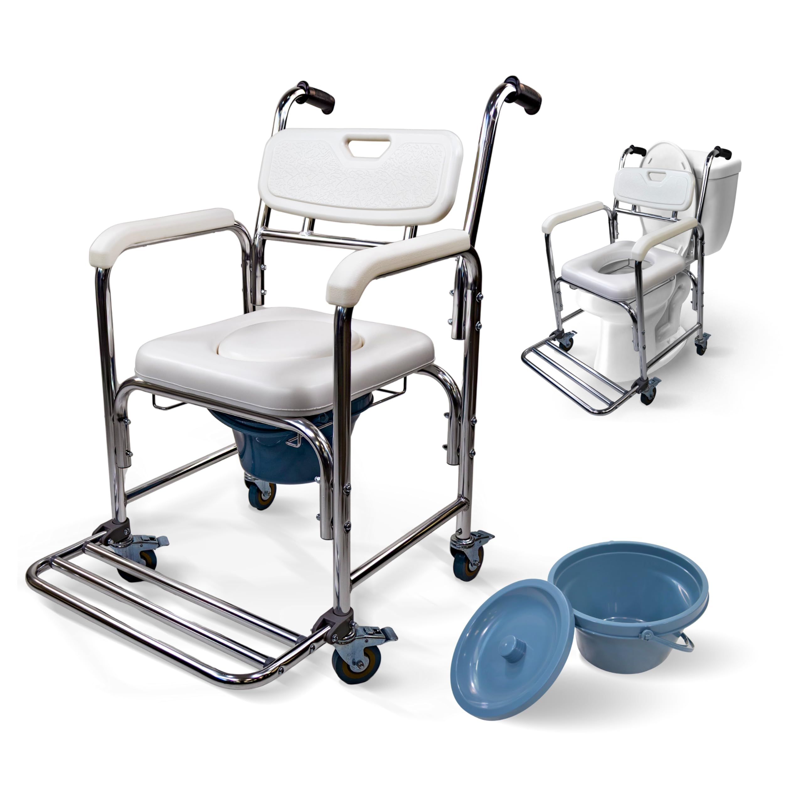 Mobiclinic®, Silla WC, 3 en 1, Ducha y Elevador WC, Inodoro Portátil, Orinal Extraíble 4.3L, Ruedas con Freno, Reposapiés Abatibles, Asiento y Reposabrazos Acolchados, Hasta 100 Kg, Ligera, Rope