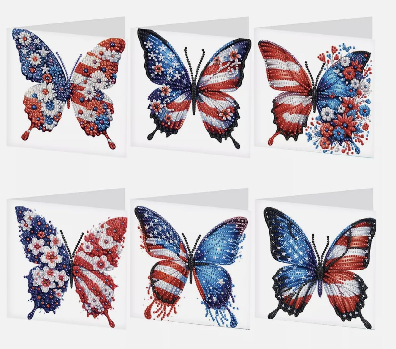 Syntego Multi 6Pcs Diy Usa American Flag | Butterflies Diamond Painting Greeting Card Kit For Adults | 5D Patriotic Art Card Making Set With Diamond Pen, Tray, Wax, Envelopes Blank Inside For Messages