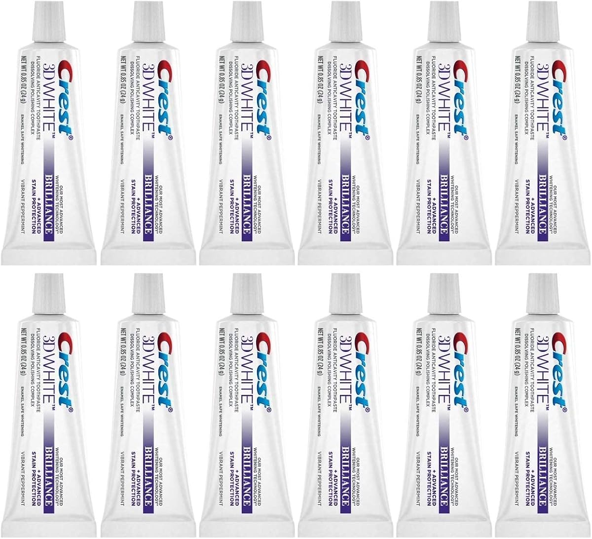 Crest 3D White Brilliance Toothpaste, Vibrant Peppermint, Travel Size, 0.85 oz (24g) - Pack of 12