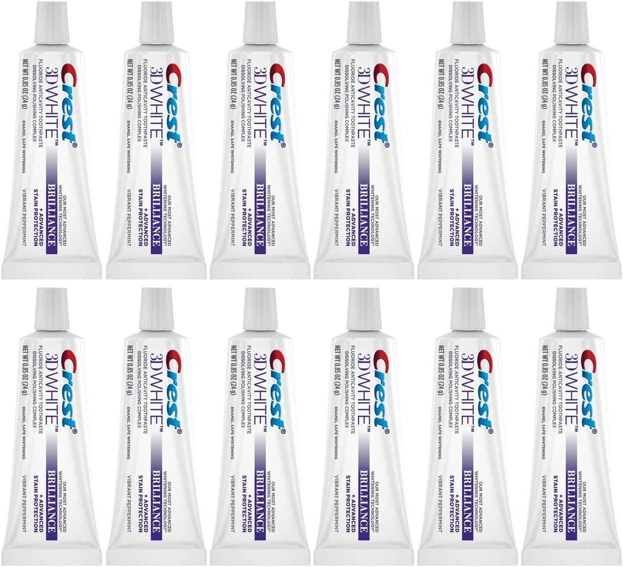 Crest 3D White Brilliance Toothpaste, Vibrant Peppermint, Travel Size, 0.85 oz (24g) - Pack of 12