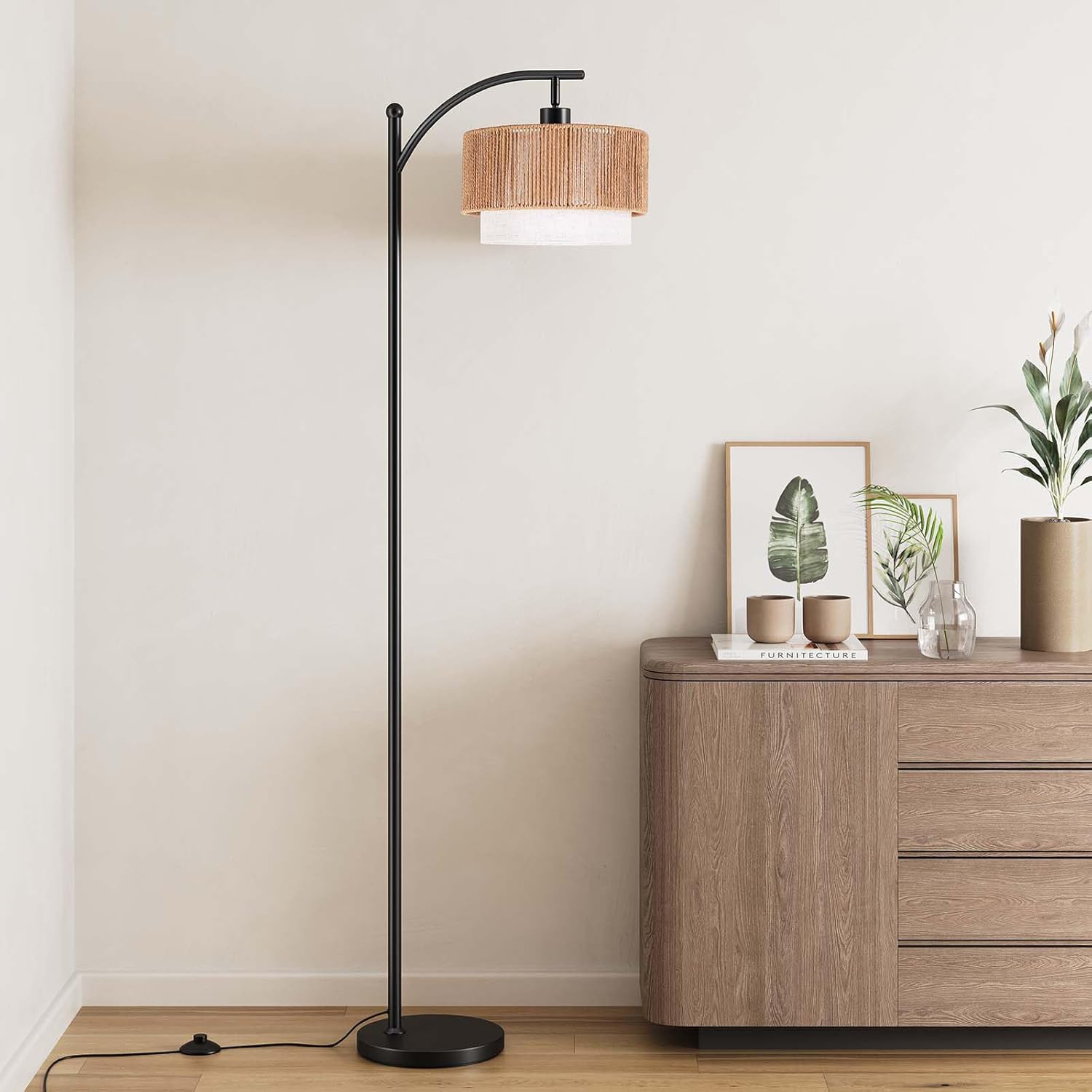 SUNMORY Floor Lamps for Living Room with 12W LED Bulb, Arc Floor Lamp with 3 Color Temperatures, Farmhouse Floor Lamps with Adjustable Rattan & Fabric Shades, Boho Standing Lamp for Bedroom, Corner