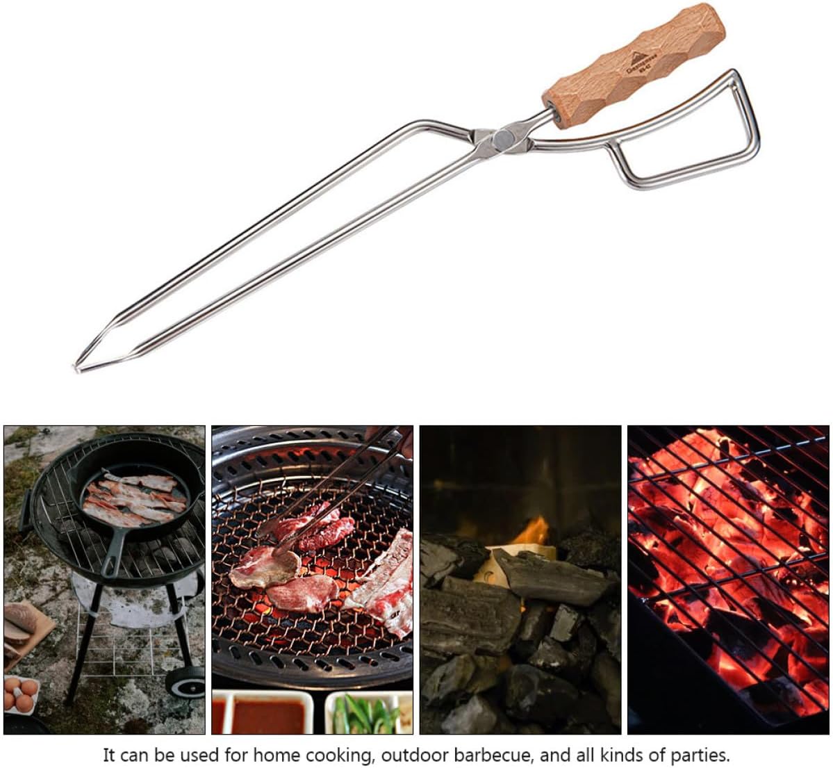 Stainless Steel Charcoal Clip and Barbecue Tongs with Long Anti-scalding Handle, Solid Beech Wood Grip Firewood Tong for Outdoor Bbq Grilling and Fireplace Use