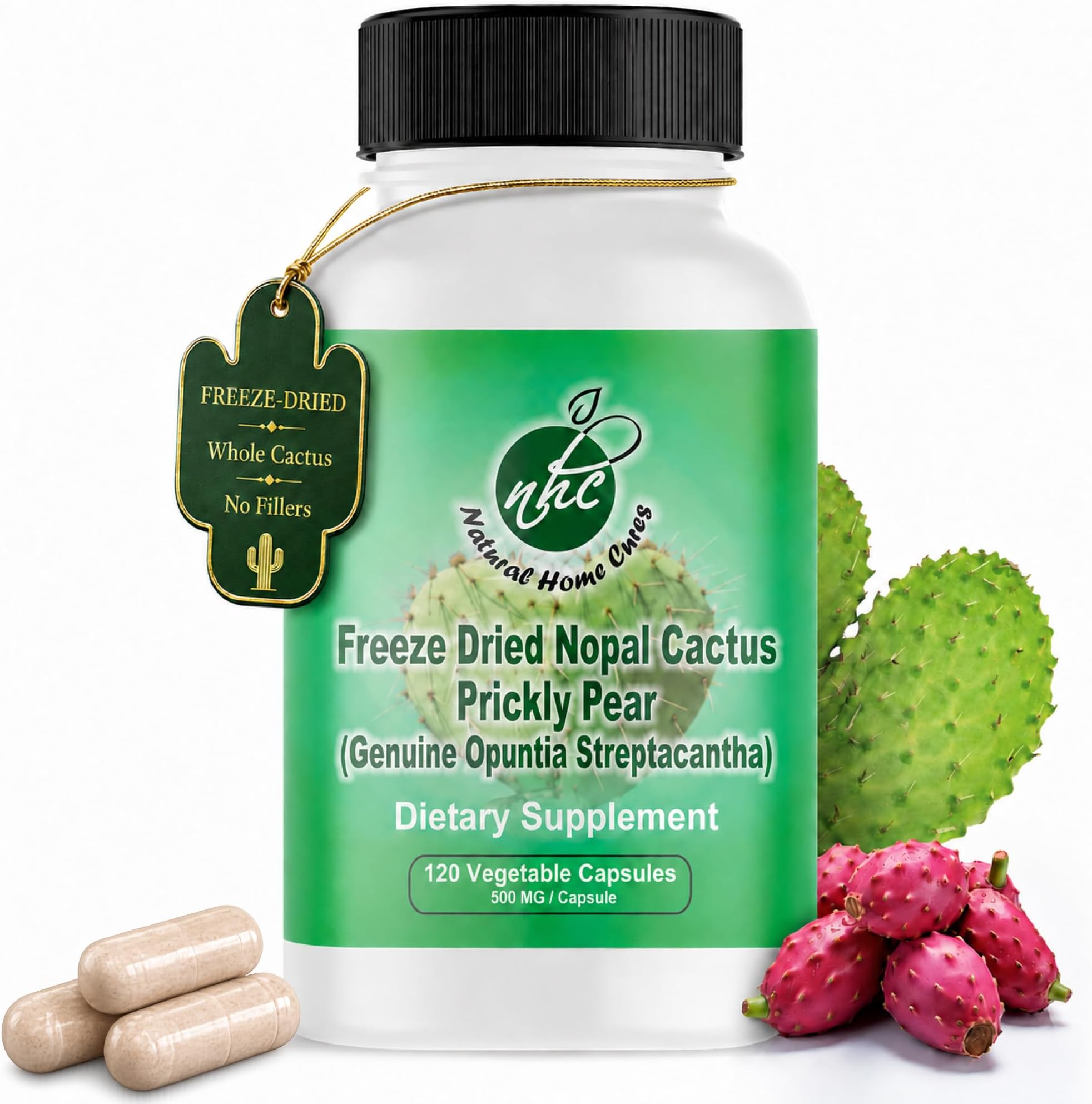 Premium Freeze-Dried Nopal Cactus Capsules, Mountain-Grown in Mexico, Whole Prickly Pear Cactus Powder Supplement, No Fillers, 500 mg, 120 Vegan Capsules (Pack of 1)