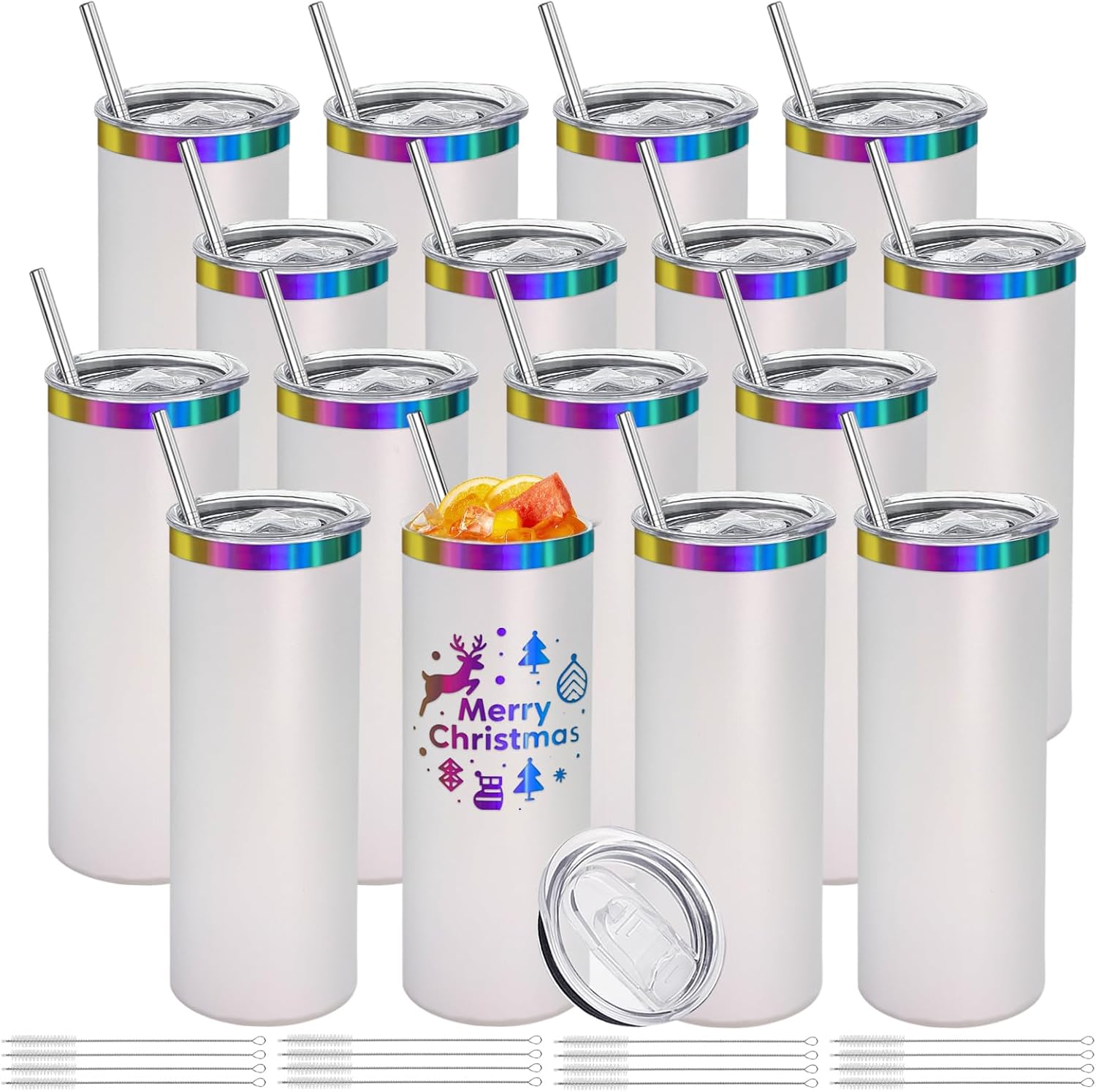 YOUKE OLA 16 Pack Rainbow Plated Stainless Steel Tumbler Straight Double Wall Powder Coated for Laser Engrave, 20oz White To Iridescent