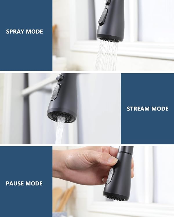 UFAUCET Matte Black Kitchen Faucet with Pull Down Sprayer, Modern Stainless Steel Single Handle Pull Down RV Farmhouse Bar Laundry Kitchen Sink Faucet with Deck Plate for 1 or 3 Hole, UF-KYT010B-D by Ufaucet - Image 3