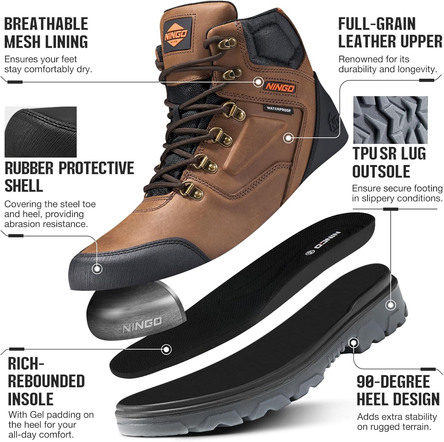 NINGO Mens Steel Toe Work Boots, Waterproof Heavy-Duty Safety Boots with Puncture Protection Oil & Slip Resistant, Steel Toe Work Shoes with Breathable Lining EH Protection for Construction Industrial - Image 3