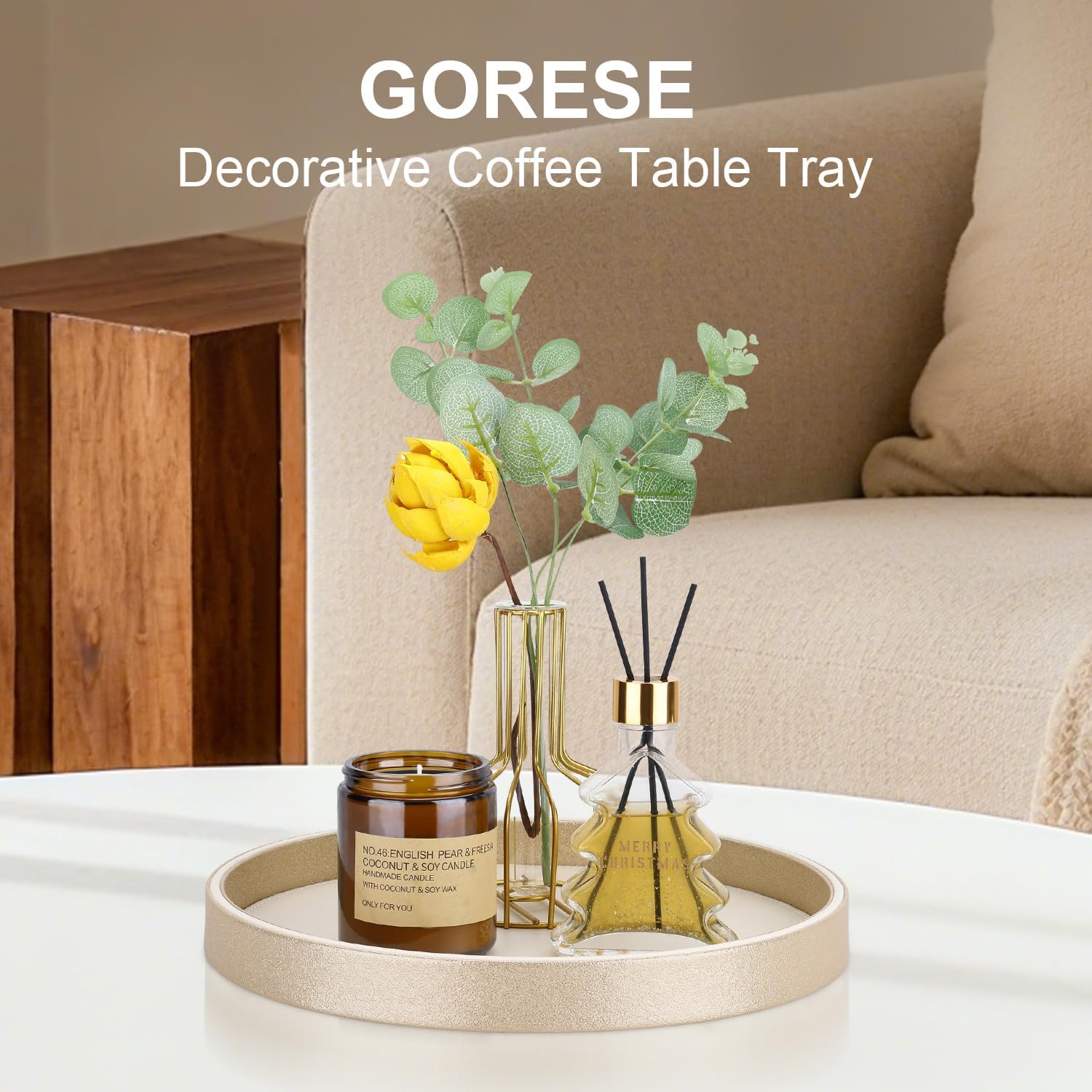 GORESE Gold Decorative Coffee Table Tray, 12" PU Leather Round Trays for Home Decor, Table Centerpiece for Living Room, Vanity, Dresser Decor, Valet Tray for Perfume Jewelry Organize - Gold & Cream
