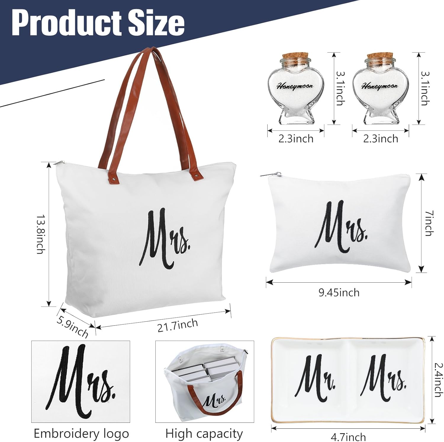 Bonuci 13 Pcs Wedding Mr and Mrs Gifts Set Include Bride and Groom Hats, Stemless Wine Glasses, Passport Holder Luggage Tags, Mrs Canvas Tote Bag with Makeup Bag, Ring Dish Heart Shape Glass Jar Gifts