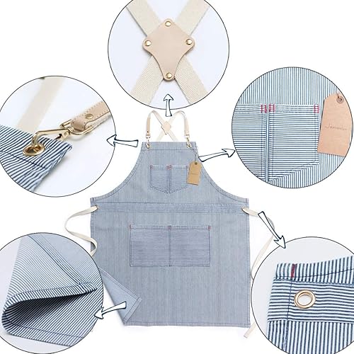 Miniatura 3 de Jeanerlor Delantales de mezclilla a rayas azules para mujeres y hombres, delantal de mezclilla con espalda cruzada, cuello ajustable, unisex, con 4