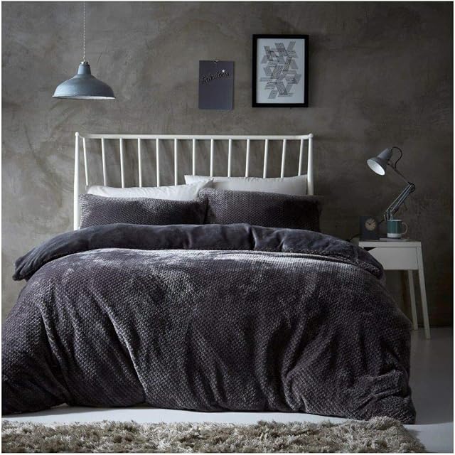 GC GAVENO CAVAILIA Teddy Bear Fleece Popcorn Waffle Duvet Cover KingSize Bed, Thermal Warm & Cosy Soft Fluffy Warm Quilt Bed Set Honeycomb Bedding, Charcoal