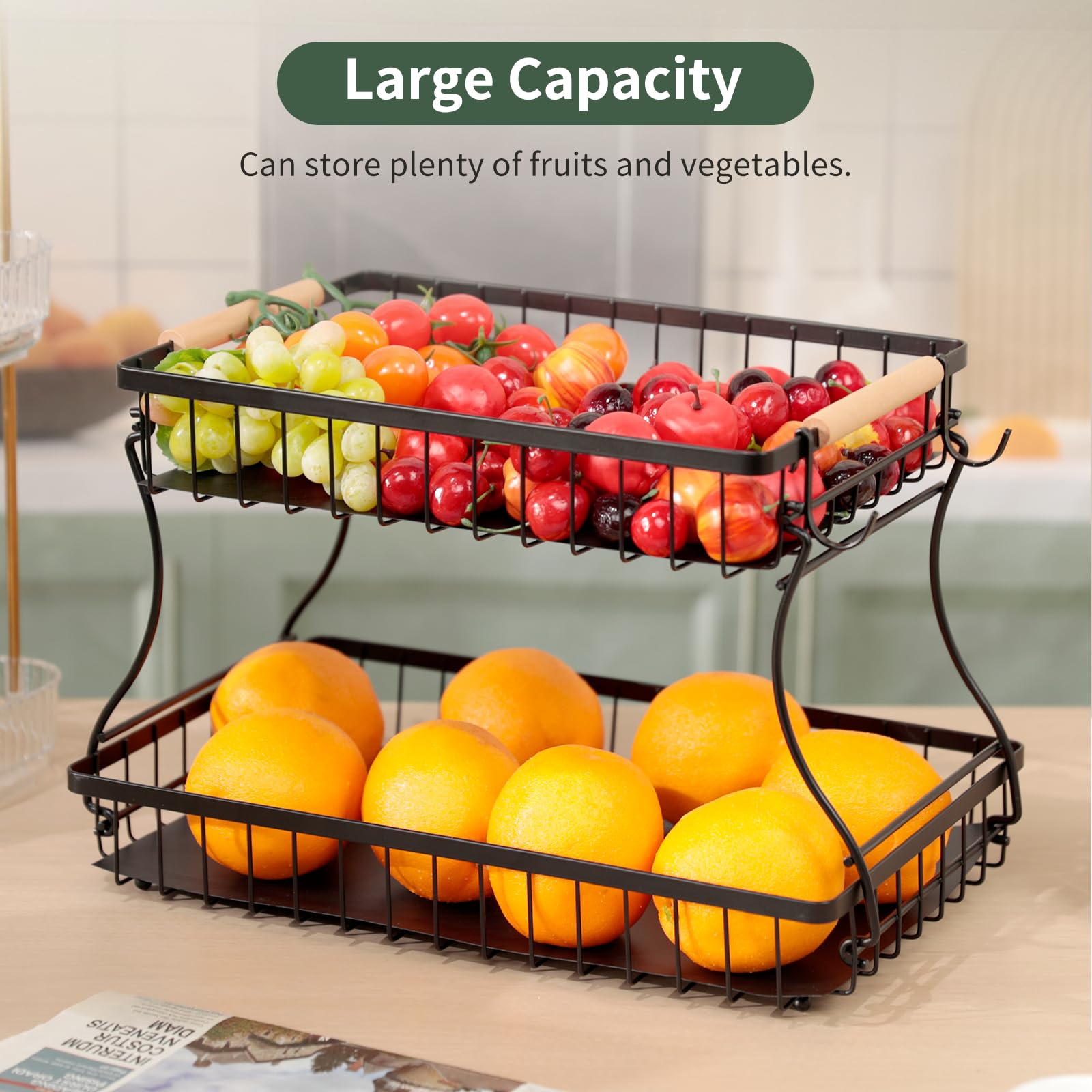 Romon Portafrutta, Alzatina Cesto Portaoggetti Carrello per Frutta da Tavolo a 2 Piani Fruits Basket per Avere più Spazio Sul Piano, Mantiene Verdura Fresca Adatto per Snack Verdure Pane Cucina, Nero