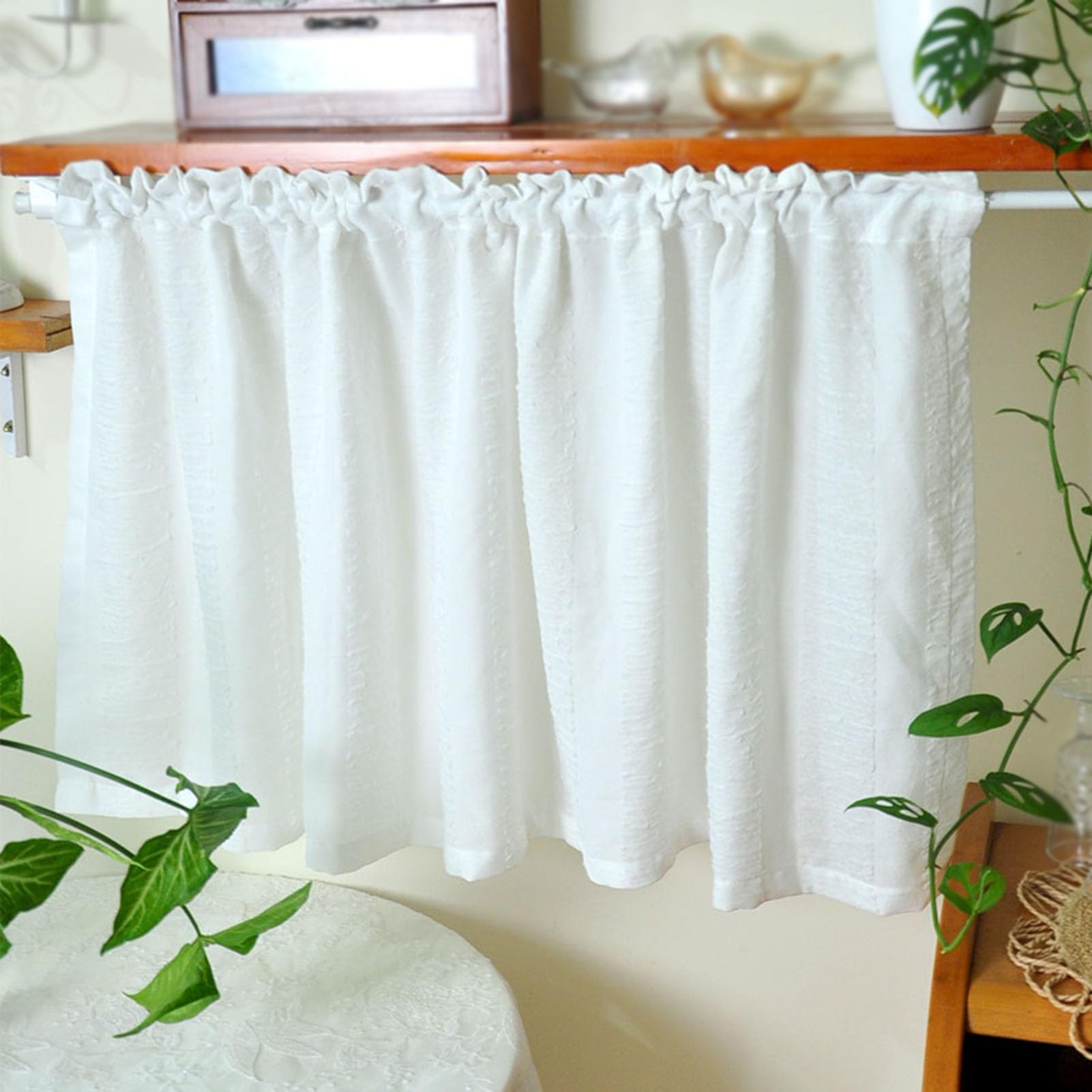 Rideaux en voile transparent avec cantonnière pour petite fenêtre de cuisine 140x30cm