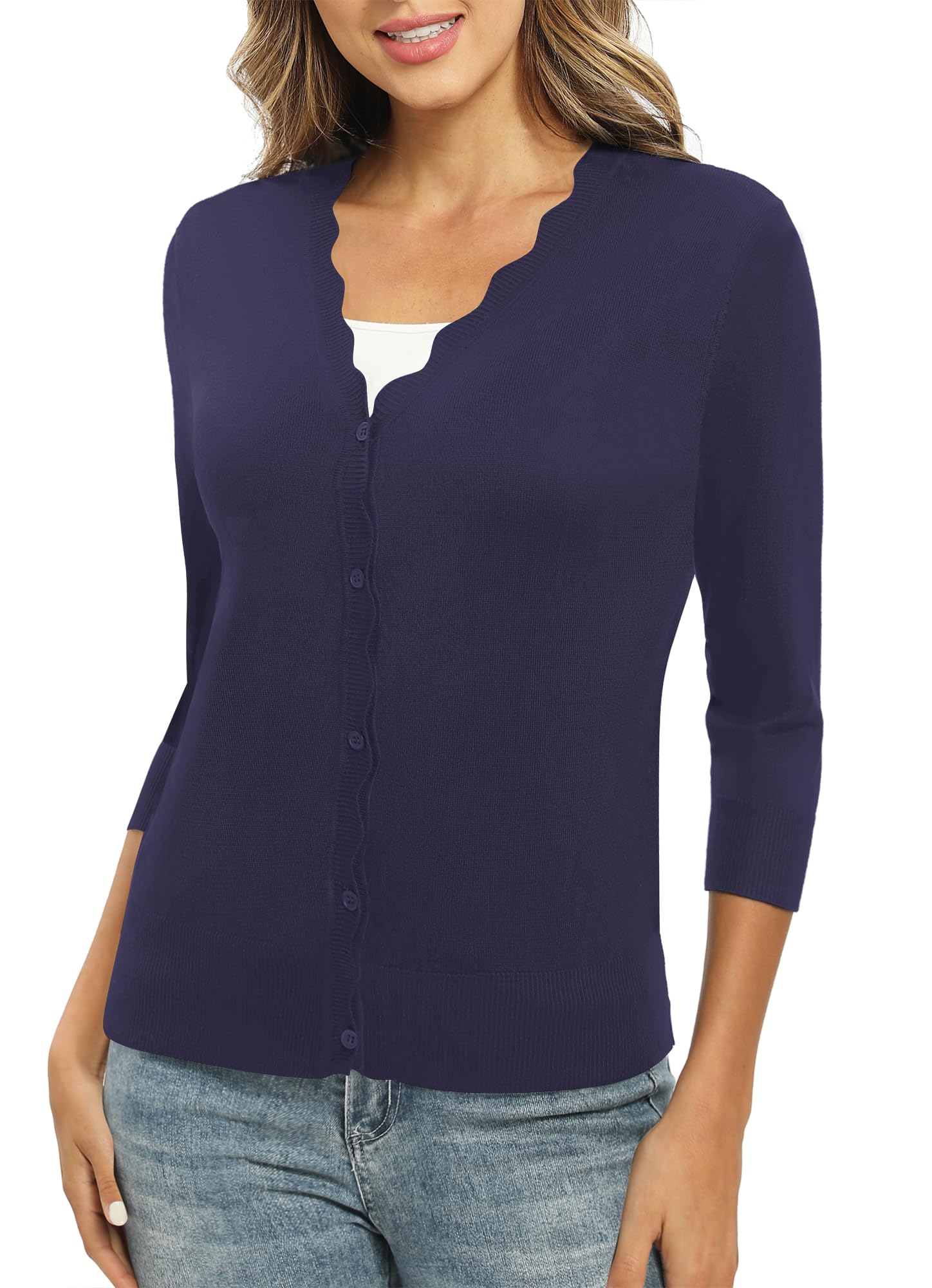 EXCHIC Femmes Daily 3/4 Manches Bouton Down Pulls Col en V Couleur Unie élastique Léger Mince Tricot Cardigan
