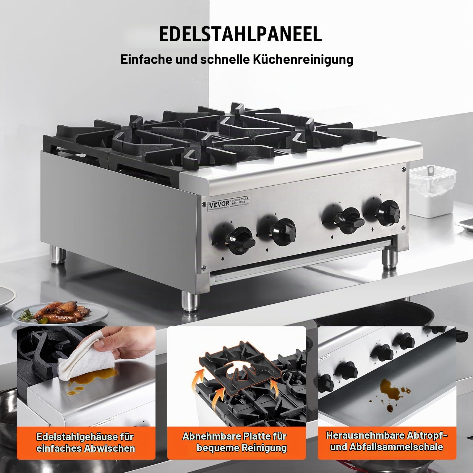 VEVOR Kommerzieller Gasherd Gaskochherd mit 4 Gaskochfelder, Propan/Erdgas-Kochherd Edelstahl-Gaskochplatte, kommerzielles Kochgerät 610 x 775 x 335 mm für Restaurants Hotel Café 28 kW