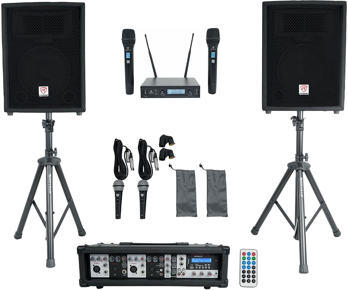 Rockville RPG2X10 10" PA Speaker Pair with Mixer and 2 UHF Wireless Mics | 800W Peak / 200W RMS, Bluetooth, USB/SD/FM, 4-Channel Mixer, 2 Speaker Stands, 2 Wired Mics, 200-Channel UHF, 3-Items